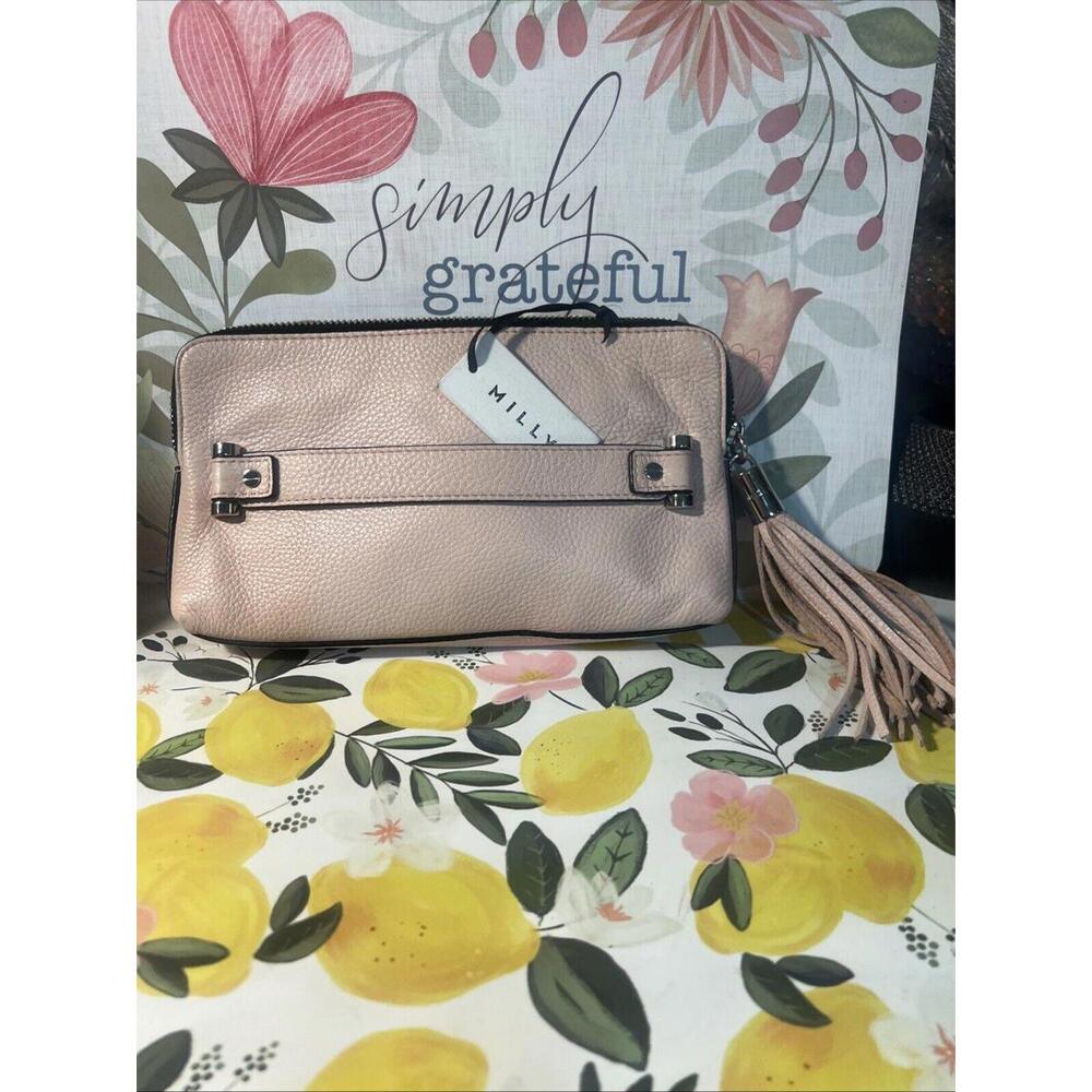 Milly NY  Astor Clutch Pebbled Leather w/ Tassel Zippered Purse Bag NEW RARE